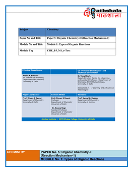 Organic Chemistry-II (Reaction Mechanism-1) MODULE No