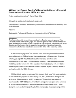 William Von Eggers Doering's Remarkable Career - Personal Observations from the 1950S and '60S