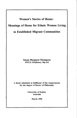 Women's Stories of Home: Meanings of Home for Ethnic Women Living In