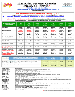 2021 Spring Semester Calendar January 18 - May 15* *Semester Begin and End Dates