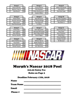 Murph's Nascar 2018 Pool $10.00 Entry Fee Rules on Page 2