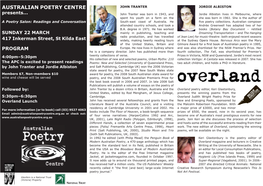 AUSTRALIAN POETRY CENTRE JOHN TRANTER JORDIE ALBISTON Presents