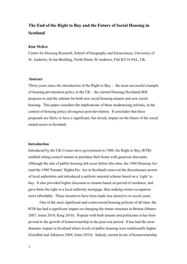 The End of the Right to Buy and the Future of Social Housing in Scotland