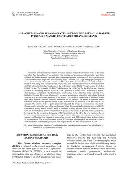 ALLANITE-(Ce) and ITS ASSOCIATIONS, from the DITRAU ALKALINE INTRUSIVE MASSIF, EAST CARPATHIANS, ROMANIA
