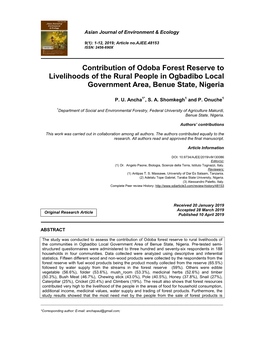 Contribution of Odoba Forest Reserve to Livelihoods of the Rural People in Ogbadibo Local Government Area, Benue State, Nigeria