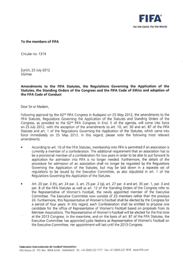 To the Members of FIFA Amendments to the FIFA Statutes, The