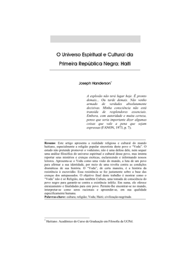 O Universo Espiritual E Cultural Da Primeira República Negra: Haiti