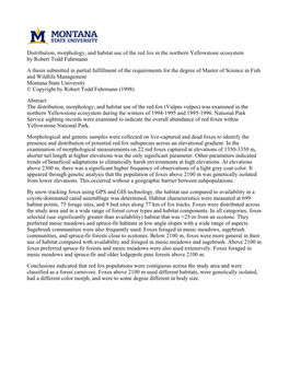 Distribution, Morphology, and Habitat Use of the Red Fox in the Northern