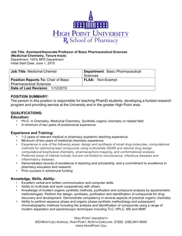 Medicinal Chemistry, Tenure Track) Department: 100% BPS Department Initial Start Date: June 1, 2015