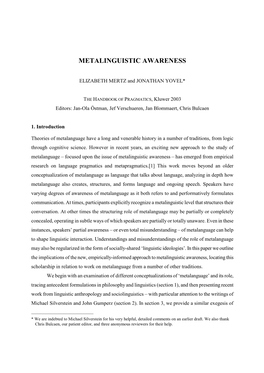 METALINGUISTIC AWARENESS � � ELIZABETH�MERTZ�And�JONATHAN�YOVEL*� 