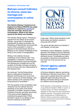 CNI GB News - 9Th November, 2003 Bishops Consult Catholics on Divorce, Same-Sex Marriage and Contraception in Online Survey
