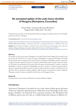 An Annotated Update of the Scale Insect Checklist of Hungary (Hemiptera, Coccoidea)