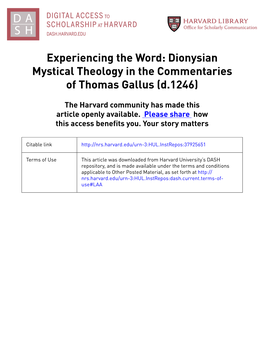 Dionysian Mystical Theology in the Commentaries of Thomas Gallus (D.1246)