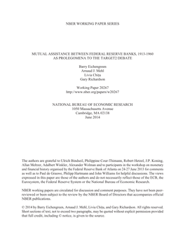 Mutual Assistance Between Federal Reserve Banks, 1913-1960 As