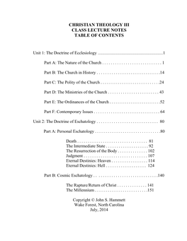 Christian Theology Iii Class Lecture Notes Table of Contents