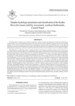 Morpho-Hydrologic Parameters and Classification of the Kodku River for Stream Stability Assessment, Southern Kathmandu, Central Nepal