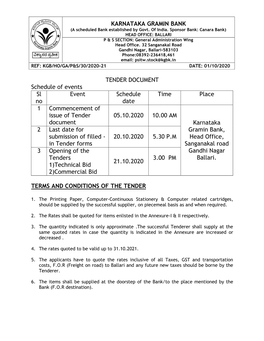 TENDER DOCUMENT Schedule of Events Sl No Event Schedule Date