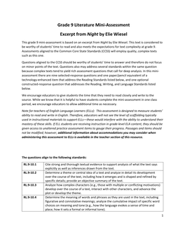 Grade 9 Literature Mini-Assessment Excerpt from Night by Elie Wiesel