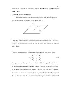 A-1 Appendix A. Equations for Translating Between Stress Matrices, Fault Parameters, and P-T Axes