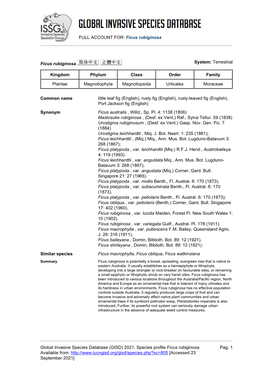 FULL ACCOUNT FOR: Ficus Rubiginosa Global Invasive Species Database (GISD) 2021. Species Profile Ficus Rubiginosa. Available