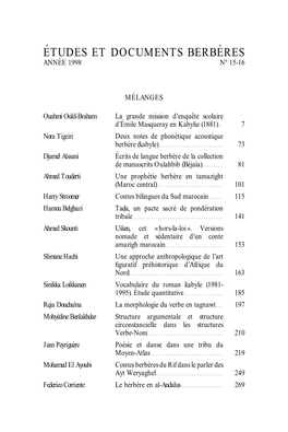 E´Tudes Et Documents Berbe`Res, 15-16, 1998 : Pp