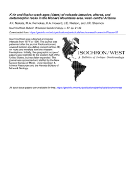 K-Ar and Fission-Track Ages (Dates) of Volcanic Intrusive, Altered, and Metamorphic Rocks in the Mohave Mountains Area, West- Central Arizona J.K