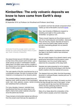 Kimberlites: the Only Volcanic Deposits We Know to Have Come from Earth's Deep Mantle 26 September 2019, by Professor Jon Woodhead and Professor Janet Hergt