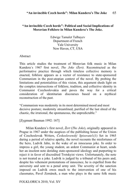 Milan Kundera's the Joke 65 FOLKLORICA 2010, Vol. XV