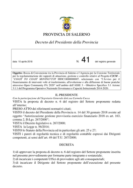 PROVINCIA DI SALERNO Decreto Del Presidente Della Provincia