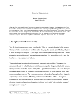 Draft April 9, 2015 Zoltán Gendler Szabó Yale University 1. Descriptive and Foundational Semantics Why Do Linguistic Express