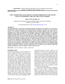 Cost and Returns Analysis of Catfish Marketing in Aba South Local Government Area of Abia State, Nigeria