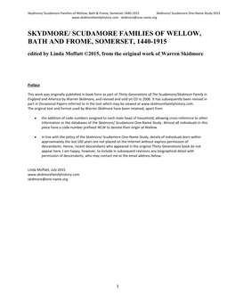 SCUDAMORE FAMILIES of WELLOW, BATH and FROME, SOMERSET, 1440-1915 Edited by Linda Moffatt ©2015, from the Original Work of Warren Skidmore