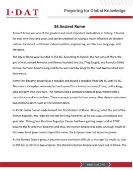 S4 Ancient Rome Ancient Rome Was One of the Greatest and Most Important Civilisations in History