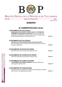 Sumario Boletín Oficial De La Provincia De Valladolid