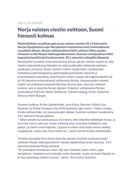 Norja Naisten Viestin Voittoon, Suomi Hienosti Kolmas