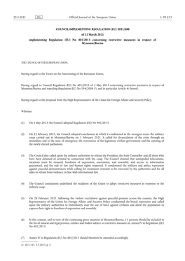 2021/480 of 22 March 2021 Implementing Regulation (EU) No 401/2013 Concerning Restrictive Measures in Respect of Myanmar/Burma