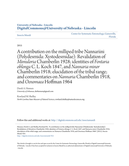 Polydesmida: Xystodesmidae): Revalidation of Mimuloria Chamberlin 1928; Identities of Fontaria Oblonga C