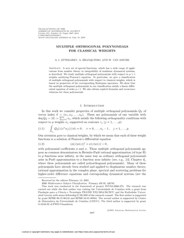 MULTIPLE ORTHOGONAL POLYNOMIALS for CLASSICAL WEIGHTS 1. Introduction in This Work We Consider Properties of Multiple Orthogonal