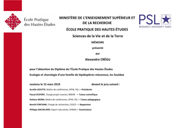 MINISTÈRE DE L'enseignement SUPÉRIEUR ET DE LA RECHERCHE ÉCOLE PRATIQUE DES HAUTES ÉTUDES Sciences De La Vie Et De La Terr