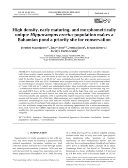 High Density, Early Maturing, and Morphometrically Unique Hippocampus Erectus Population Makes a Bahamian Pond a Priority Site for Conservation