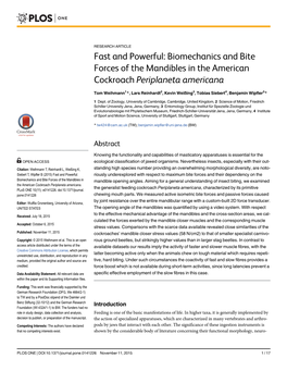 Biomechanics and Bite Forces of the Mandibles in the American Cockroach Periplaneta Americana