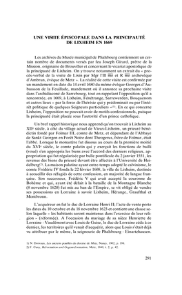 UNE VISITE ÉPISCOPALE DANS LA PRINCIPAUTÉ DE LIXHEIM EN 1669 Les Archives Du Musée Municipal De Phalsbourg Contiennent Un