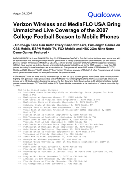 Verizon Wireless and Mediaflo USA Bring Unmatched Live Coverage of the 2007 College Football Season to Mobile Phones