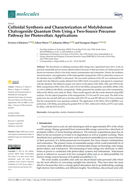 Colloidal Synthesis and Characterization of Molybdenum Chalcogenide Quantum Dots Using a Two-Source Precursor Pathway for Photovoltaic Applications