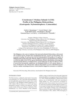 Cytochrome C Oxidase Subunit 1 (COI) Profile of the Philippine Helicostylinae (Gastropoda: Stylommatophora: Camaenidae)