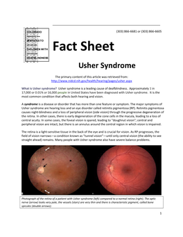 Usher Syndrome the Primary Content of This Article Was Retrieved From