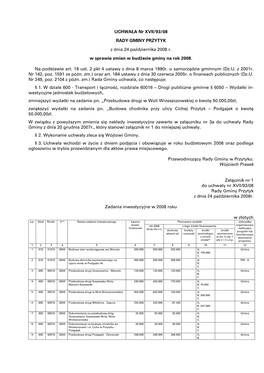 UCHWAŁA Nr XVII/93/08 RADY GMINY PRZYTYK Z Dnia 24 Października 2008 R. W Sprawie Zmian W Budżecie Gminy Na Rok 2008. Na Pods