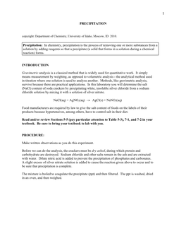 1 PRECIPITATION INTRODUCTION Gravimetric Analysis Is a Classical