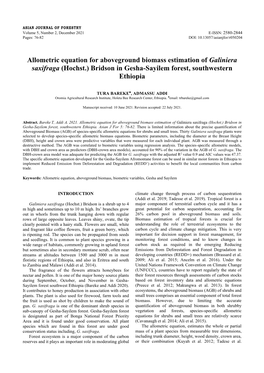 Allometric Equation for Aboveground Biomass Estimation of Galiniera Saxifraga (Hochst.) Bridson in Gesha-Sayilem Forest, Southwestern Ethiopia