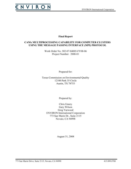 Camx MULTIPROCESSING CAPABILITY for COMPUTER CLUSTERS USING the MESSAGE PASSING INTERFACE (MPI) PROTOCOL